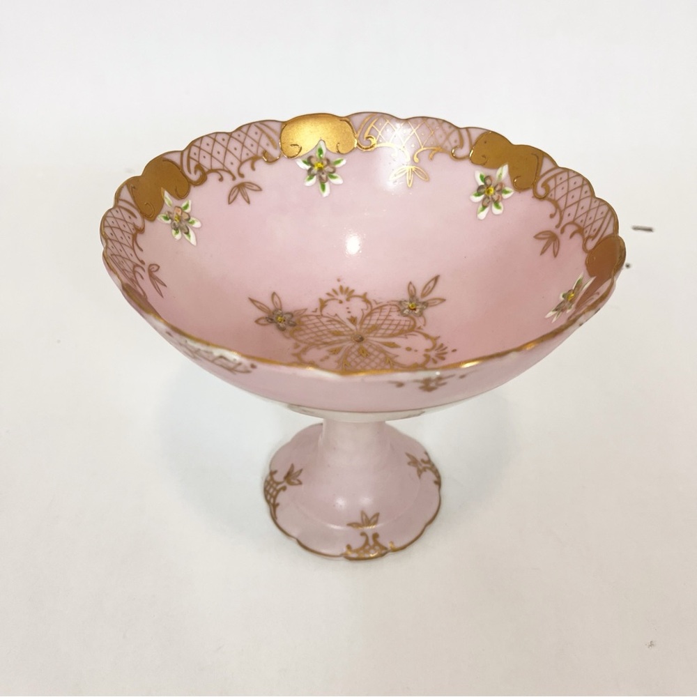 Charming Pink and Gold Ceramic Pedestal Florentine Bowl Vintage Japan